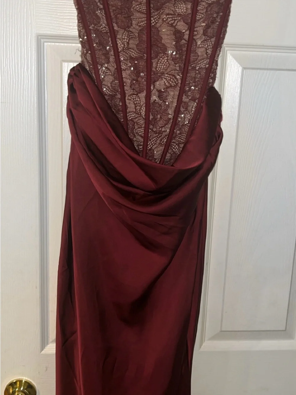 Strapless Brown Satin Gown with Embellished Corset - Picture 2 of 3
